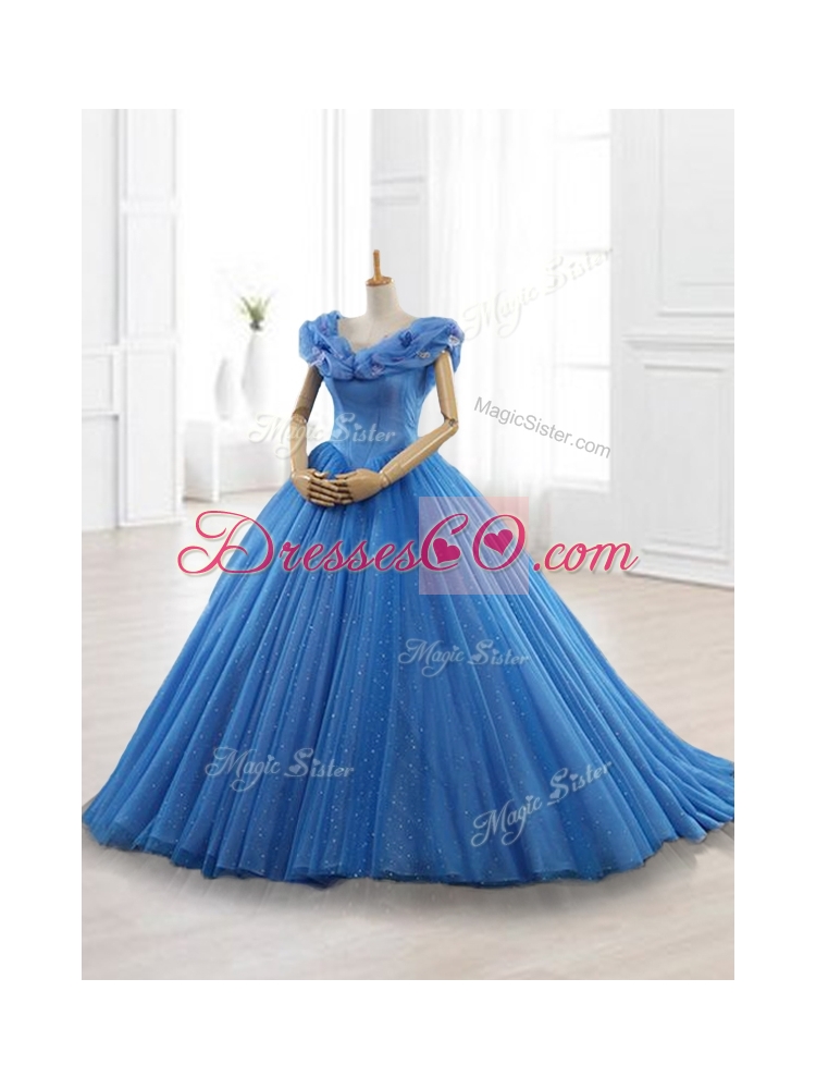 Custom Made Blue Off the Shoulder Long Quinceanera Dress with Appliques