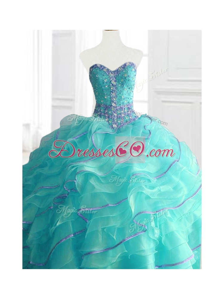 Custom Made Aqua Blue Sweet Sixteen Dress with Beading and Ruffles