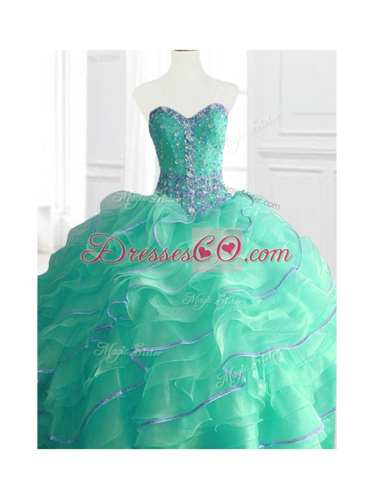 Custom Made Beading and Ruffles Quinceanera Gowns in Turquois