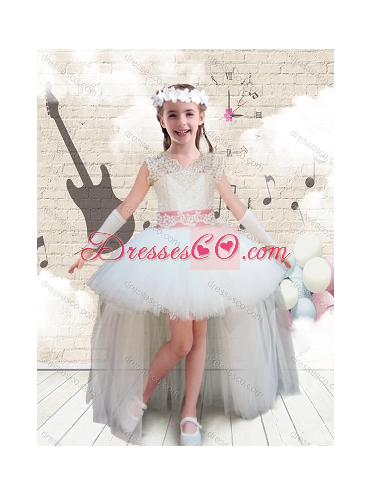 Sweet V Neck High Low Appliques Little Girls Pageant Dresses