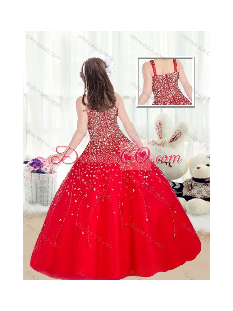 Cute Ball Gown Straps Beading Red Little Girls Pageant Dresses