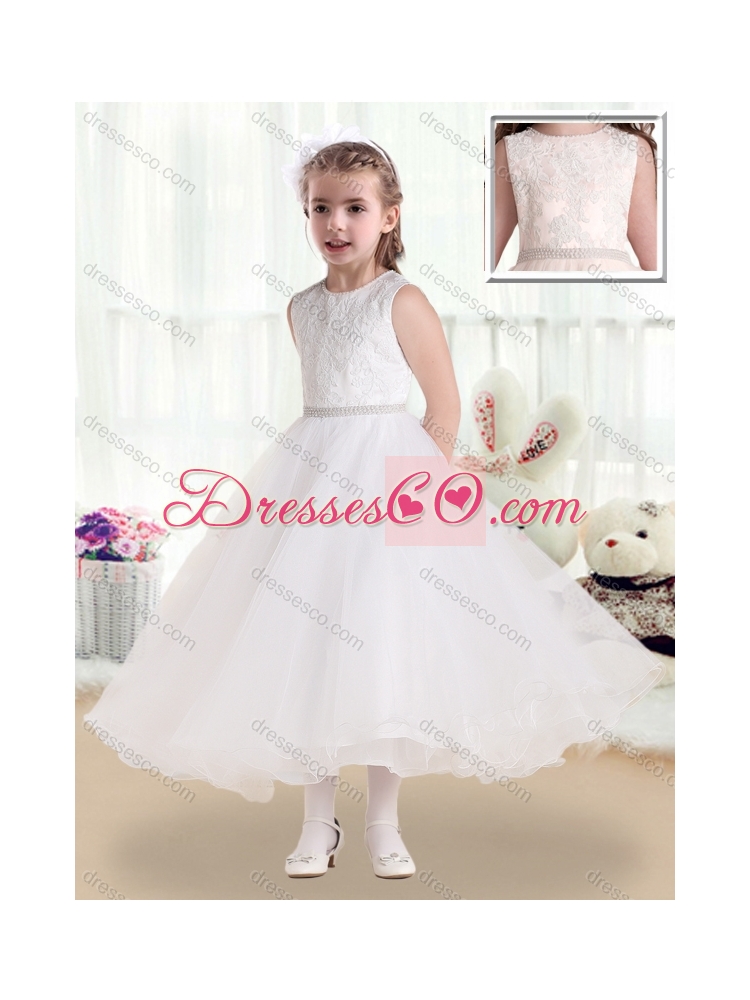 Fashionable Scoop Tea Length Girls Party Dress with Lace