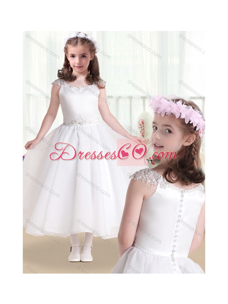 Latest Cap Sleeves Girls Party Dress with Beading and Appliques