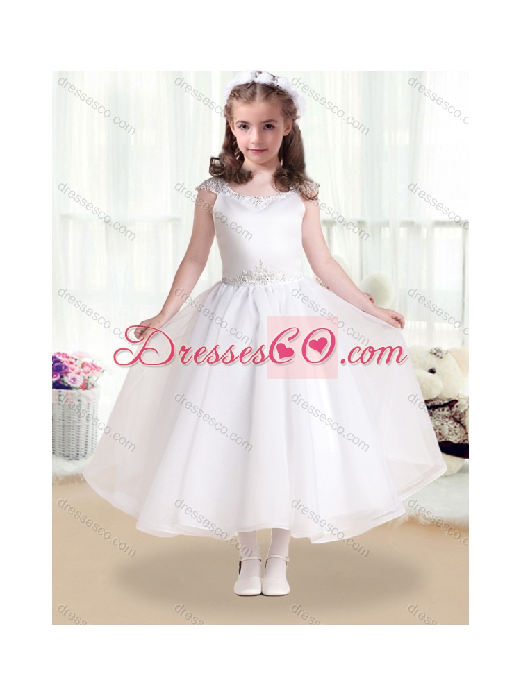 Latest Cap Sleeves Girls Party Dress with Beading and Appliques