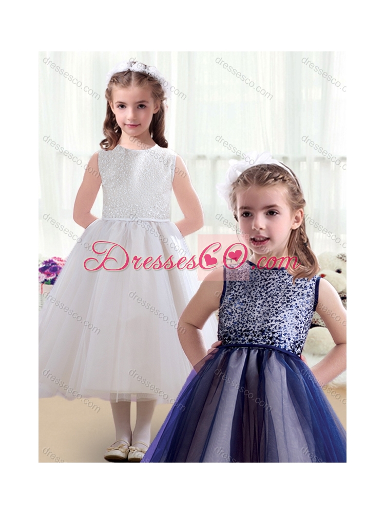 Pretty Ruching Tea Length Scoop Girls Party Dresses