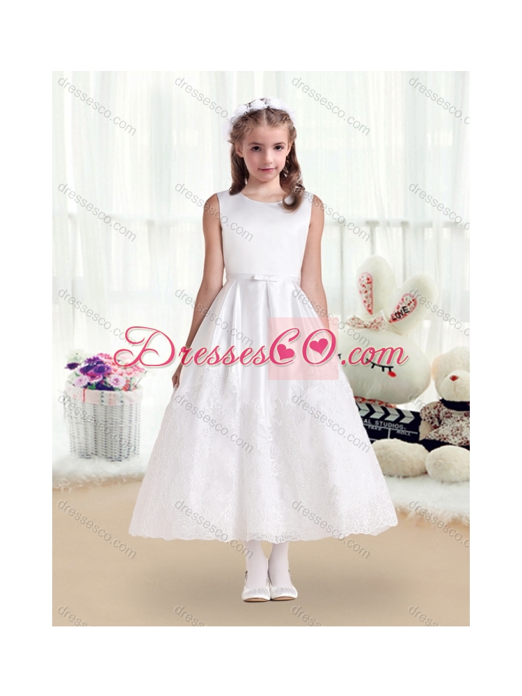 Pretty Scoop White Girls Party Dress with Lace and Belt