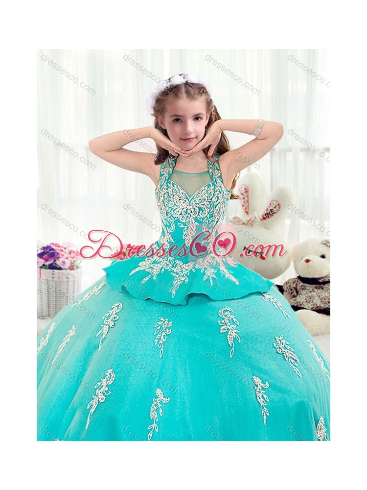 Pretty Straps Turquoise Little Girls Pageant Dress with Appliques