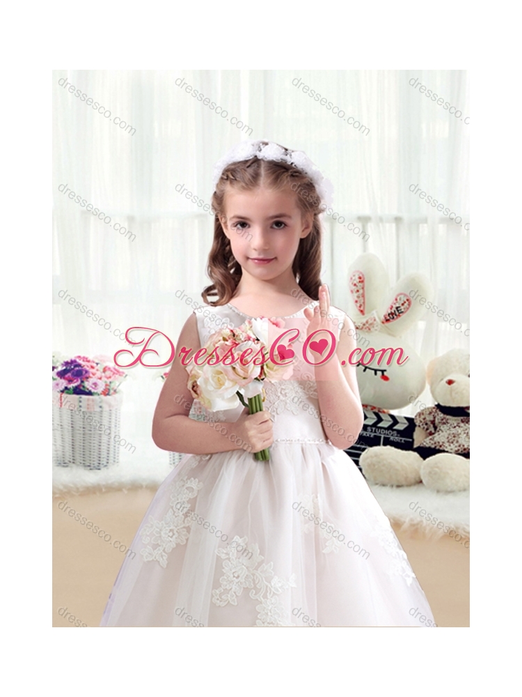 Romantic Scoop Girls Party Dress with Appliques and Bowknot