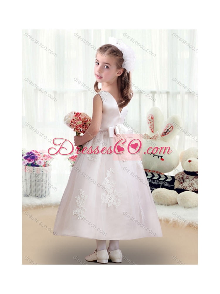 Romantic Scoop Girls Party Dress with Appliques and Bowknot