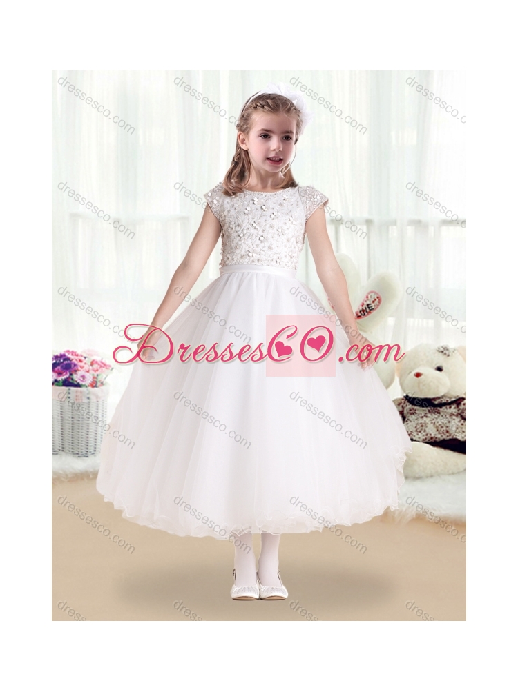 Sweet Bateau Cap Sleeves irls Party Dress with Appliques