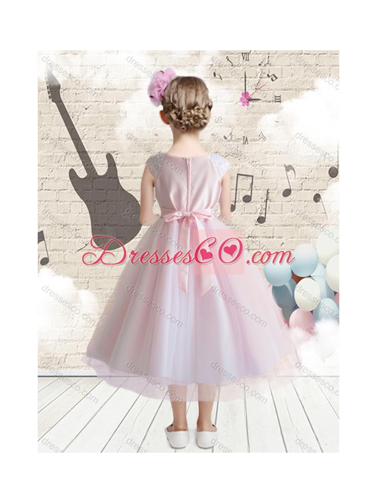 Affordable Cap Sleeves Bateau Latest Flower Girl Dress with Appliques
