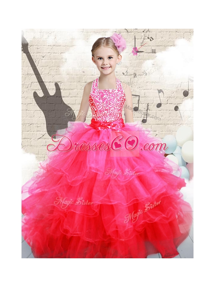Beautiful Halter Top Hot Pink Little Girl Pageant Dress with Beading