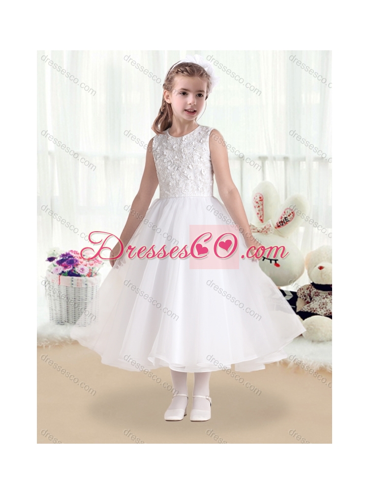 Cheap Princess Scoop White Latest Flower Girl Dress with Appliques