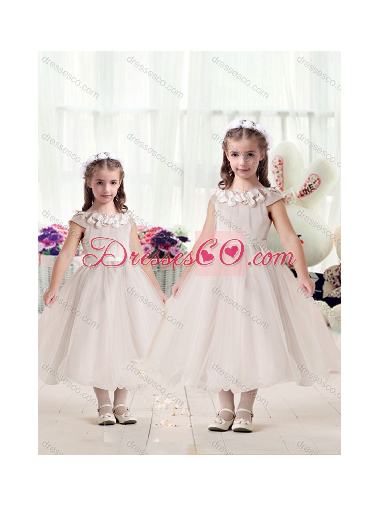 Classical Cap Sleeves Girls Party Dress with Appliques and Belt