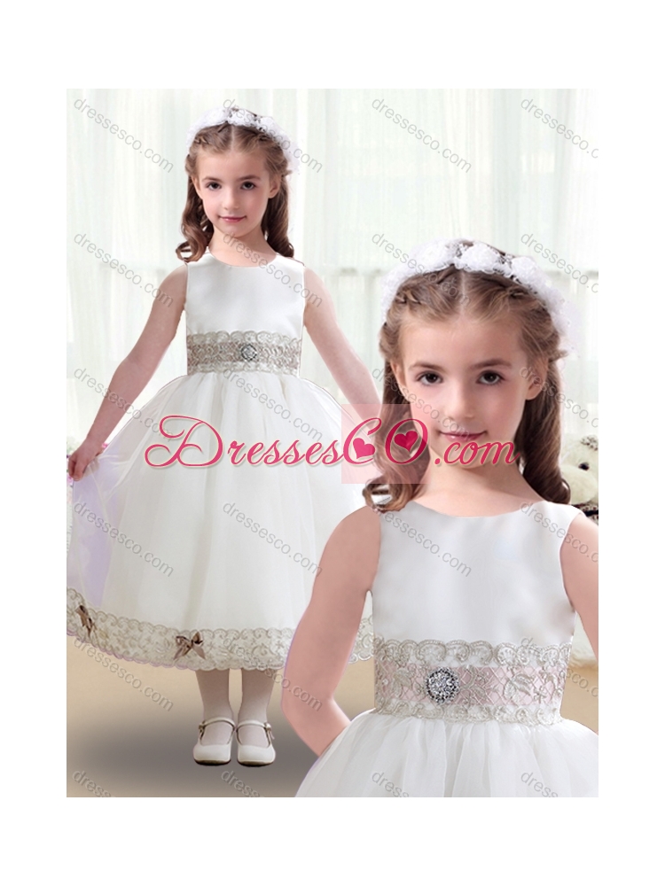 Discount Scoop White Latest Flower Girl Dress with Appliques