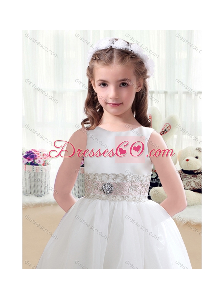 Discount Scoop White Latest Flower Girl Dress with Appliques
