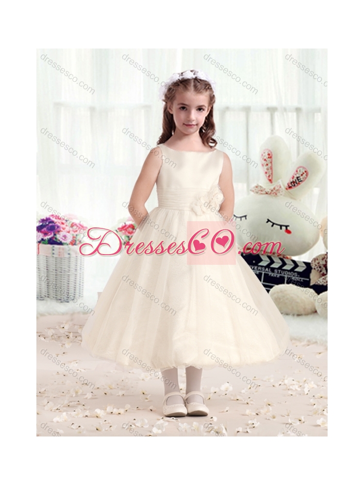 Fashionable Bateau Girls Party Dress with Hand Made Flowers
