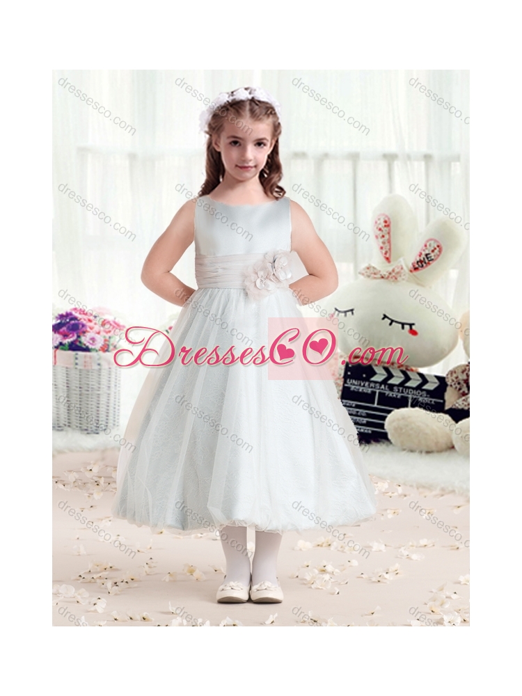 Fashionable Bateau Girls Party Dress with Hand Made Flowers