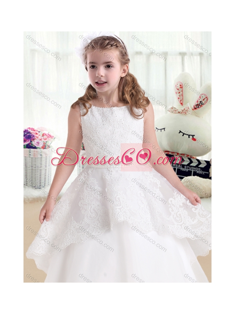 Hot Sale Bateau Latest Flower Girl Dress with Beading and Appliques