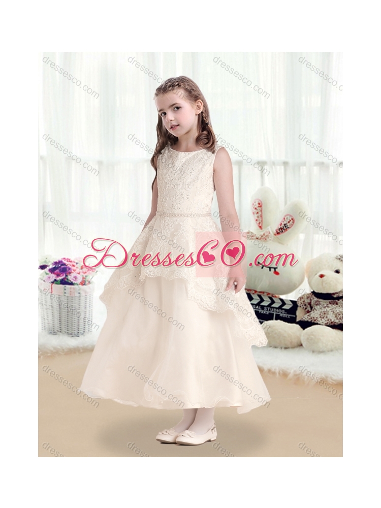 Hot Sale Bateau Latest Flower Girl Dress with Beading and Appliques