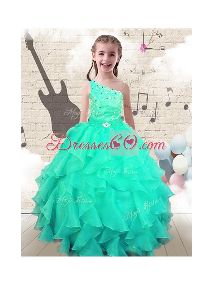 Modest Ball Gown One Shoulder Little Girl Pageant Dress with Beading