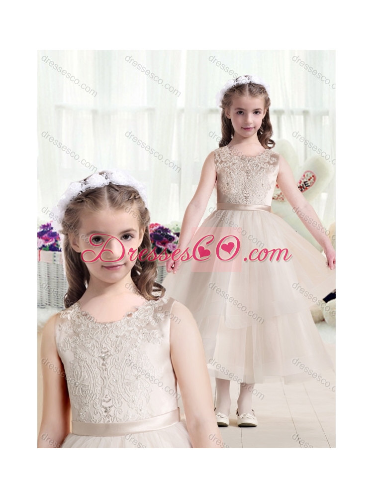 Most Popular Scoop Champagne Girls Party Dress with Appliques