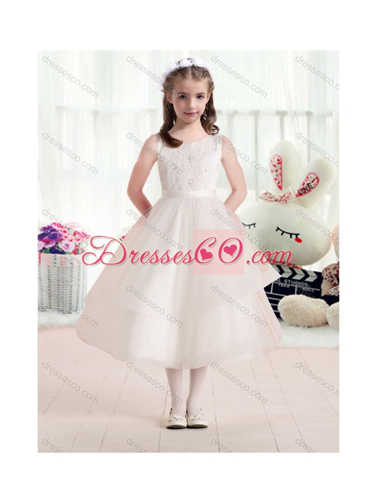 Most Popular Scoop Champagne Girls Party Dress with Appliques