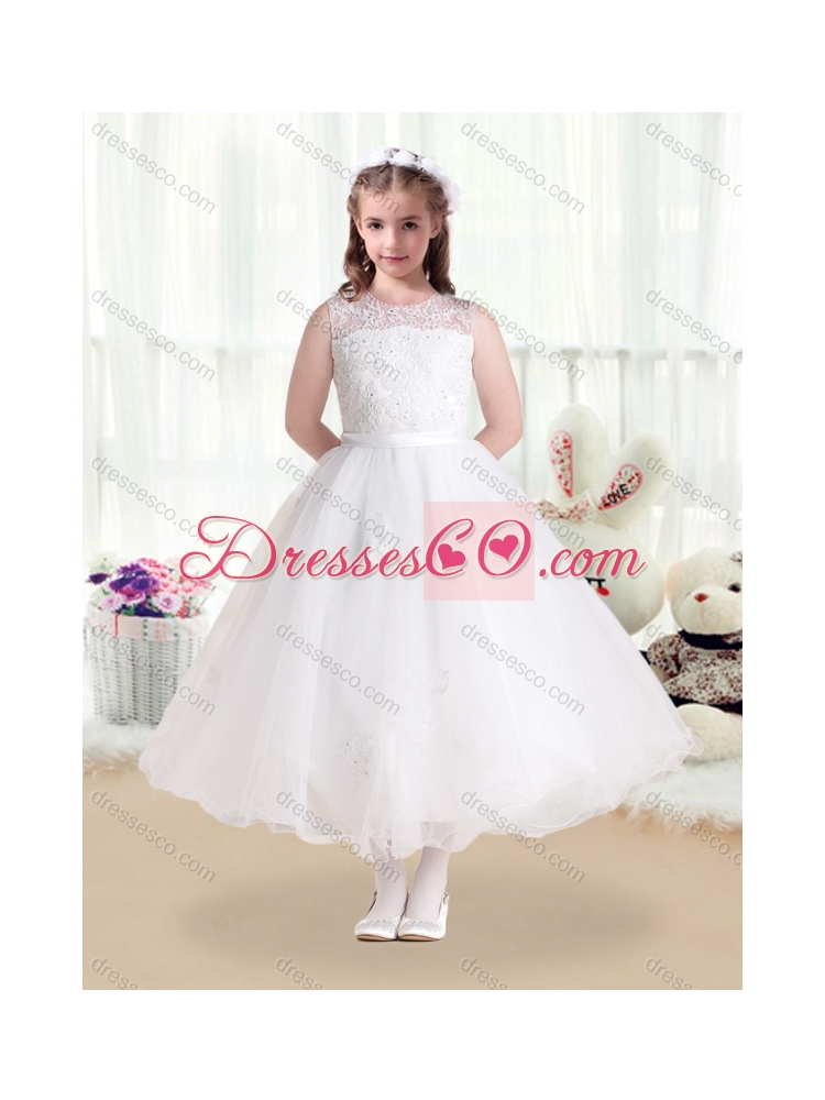 New Style Scoop Appliques White Latest Flower Girl Dresses