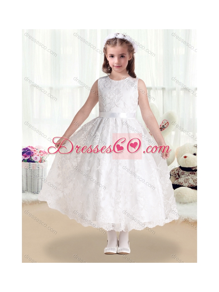 Pretty Scoop Lace and Belt Girls Party Dress in White