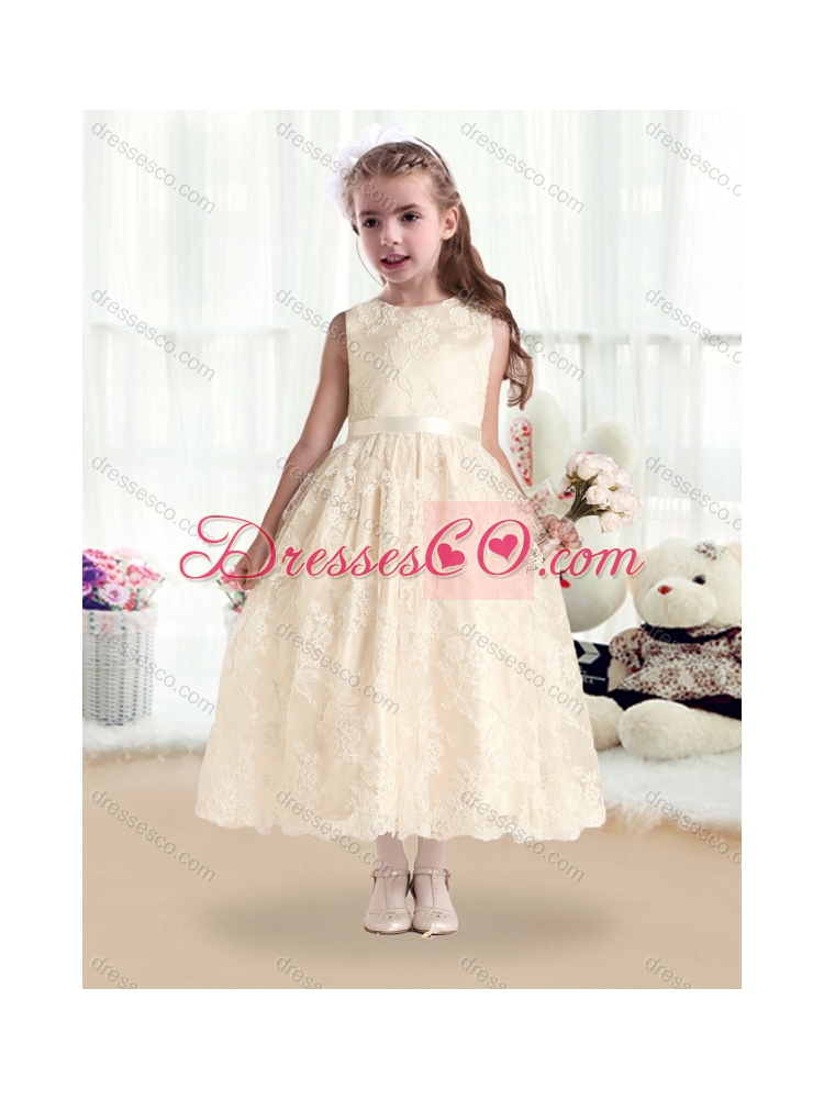 Pretty Scoop Lace and Belt Girls Party Dress in White