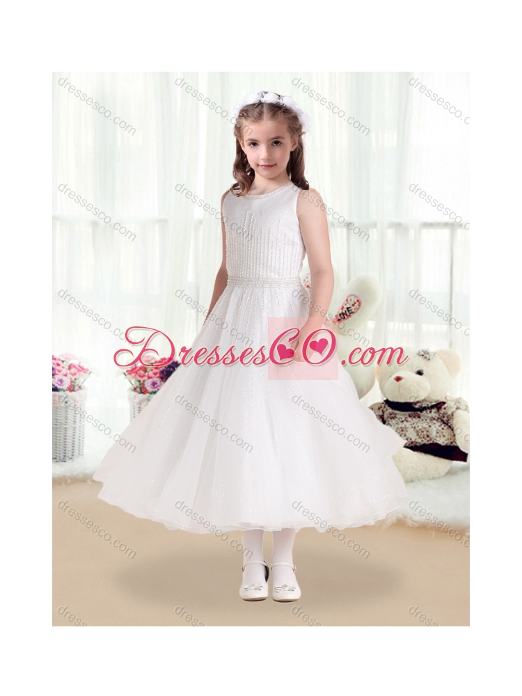 Romantic Scoop White Latest Flower Girl Dress with Beading