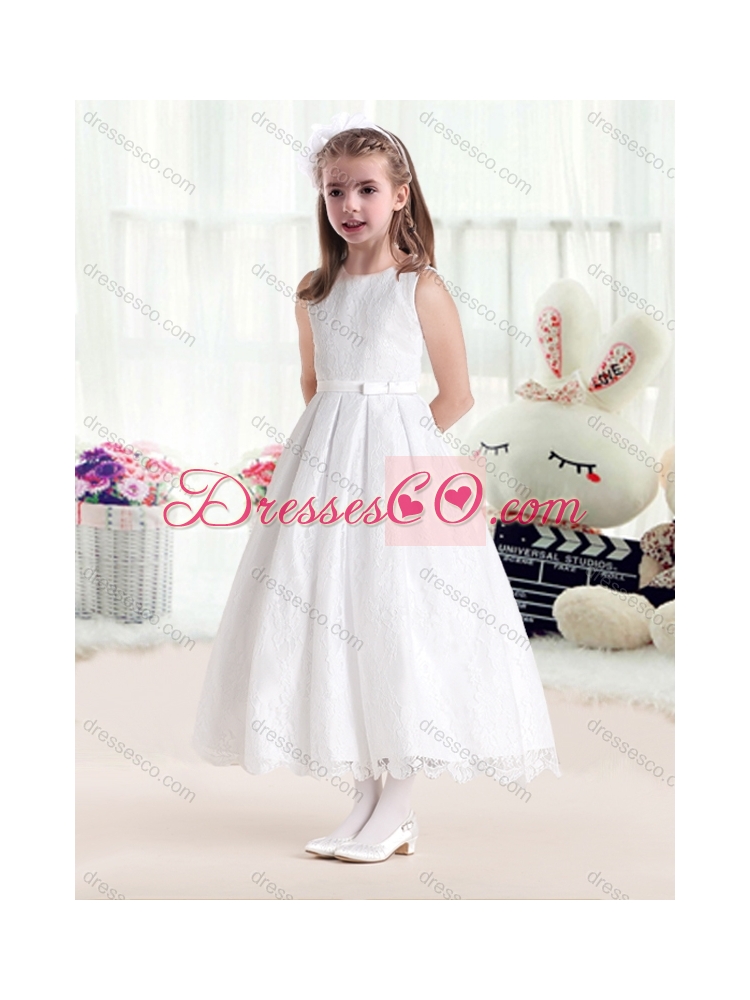 Latest Princess Scoop White Latest Flower Girl Dress in Lace