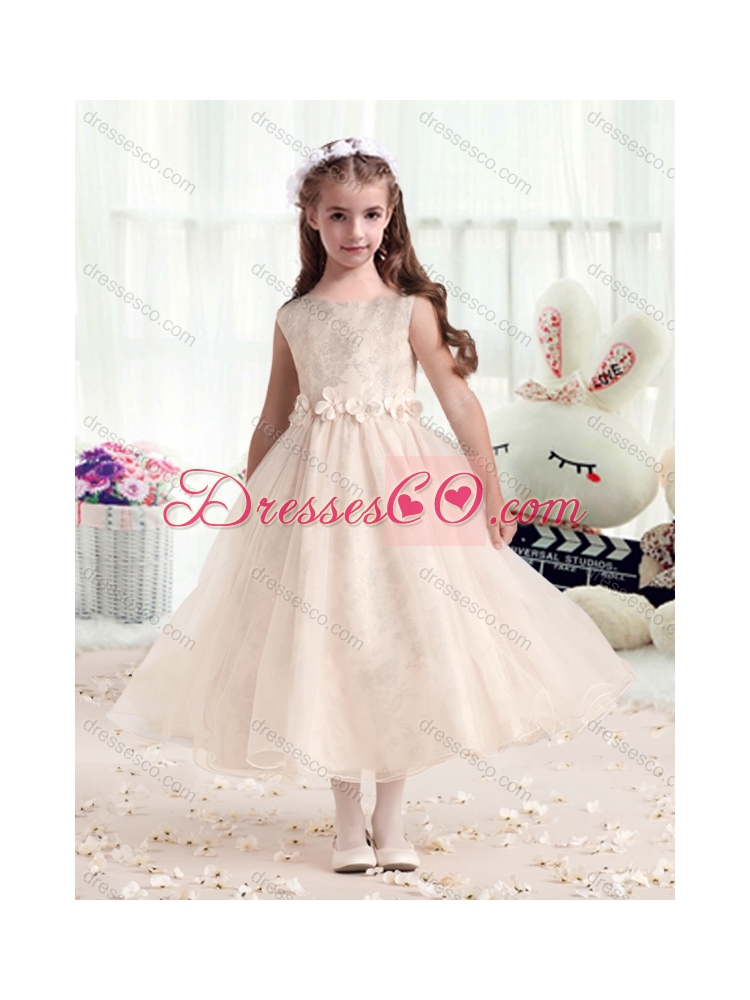 New Style Bateau Champagne Latest Flower Girl Dress with Appliques