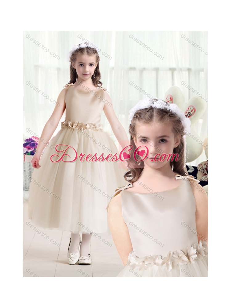 Romantic Ball Gown Bateau Champagne Latest Flower Girl Dress with Belt