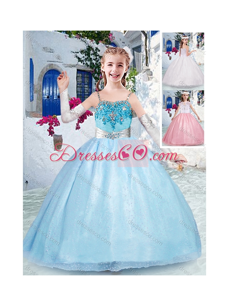 Beautiful Spaghetti Straps Light Blue Little Girl Pageant Dress with Beading