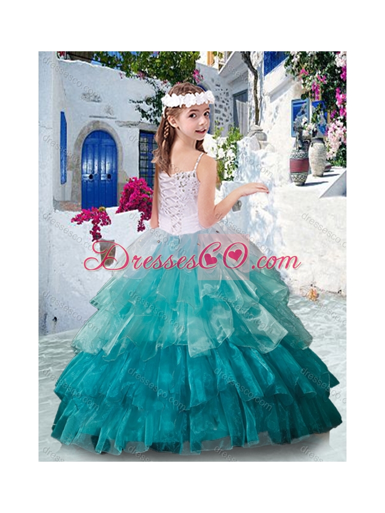 Customized Straps Little Girl Pageant Dress with Ruffled Layers and Appliques