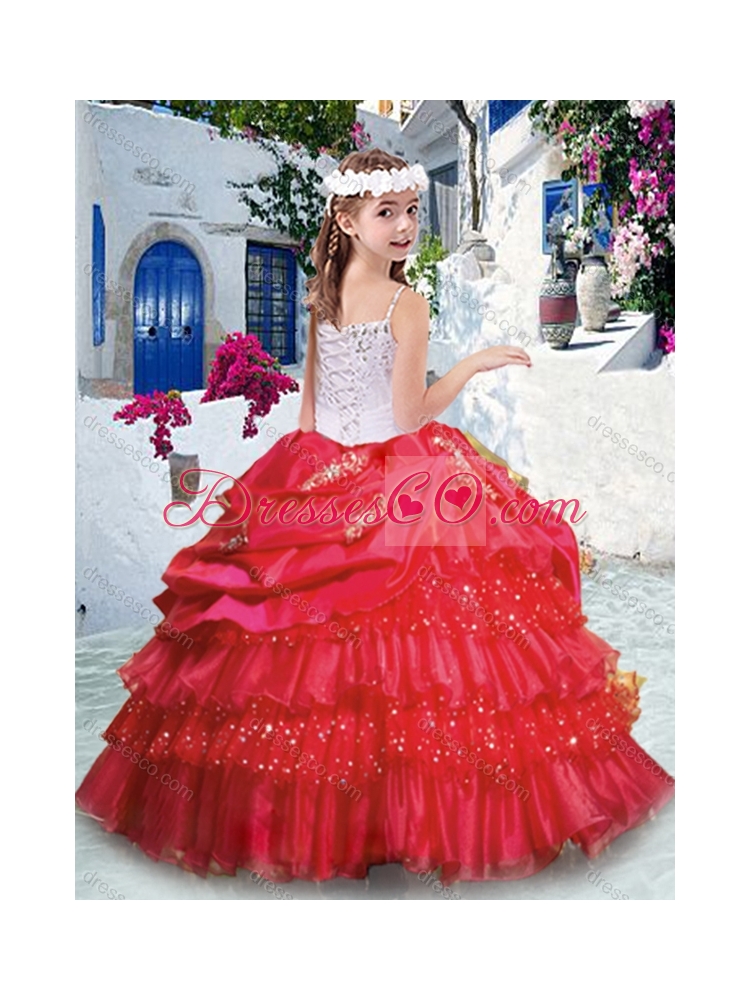 Luxurious Spaghetti Straps Little Girl Pageant Dress with Ruffled Layers and Appliques