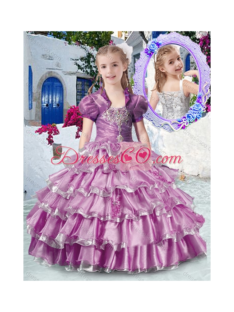 Romantic Straps Little Girl Pageant Dress with Ruffled Layers and Appliques