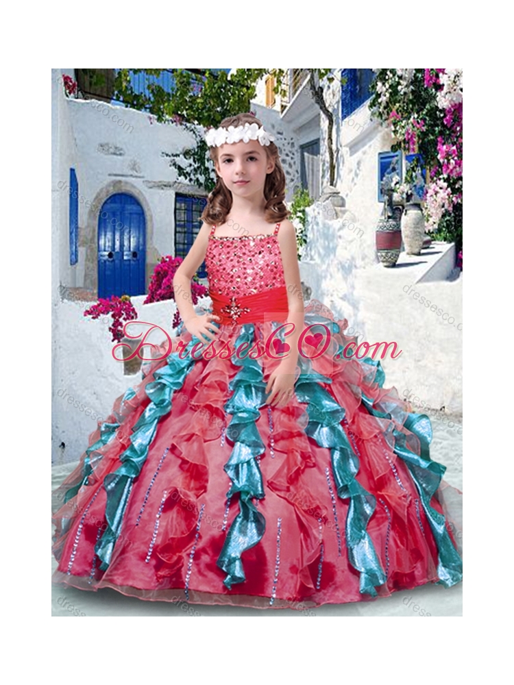 Pretty Ball Gown Spaghetti Straps Girls Party Dress with Beading and Ruffles