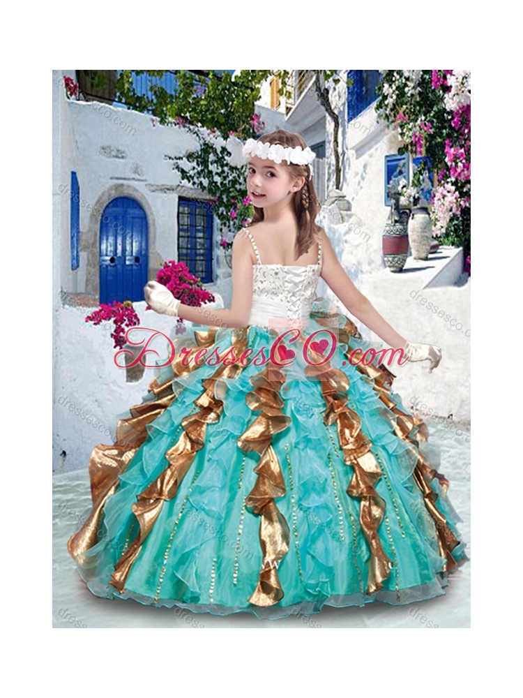 Pretty Ball Gown Spaghetti Straps Girls Party Dress with Beading and Ruffles