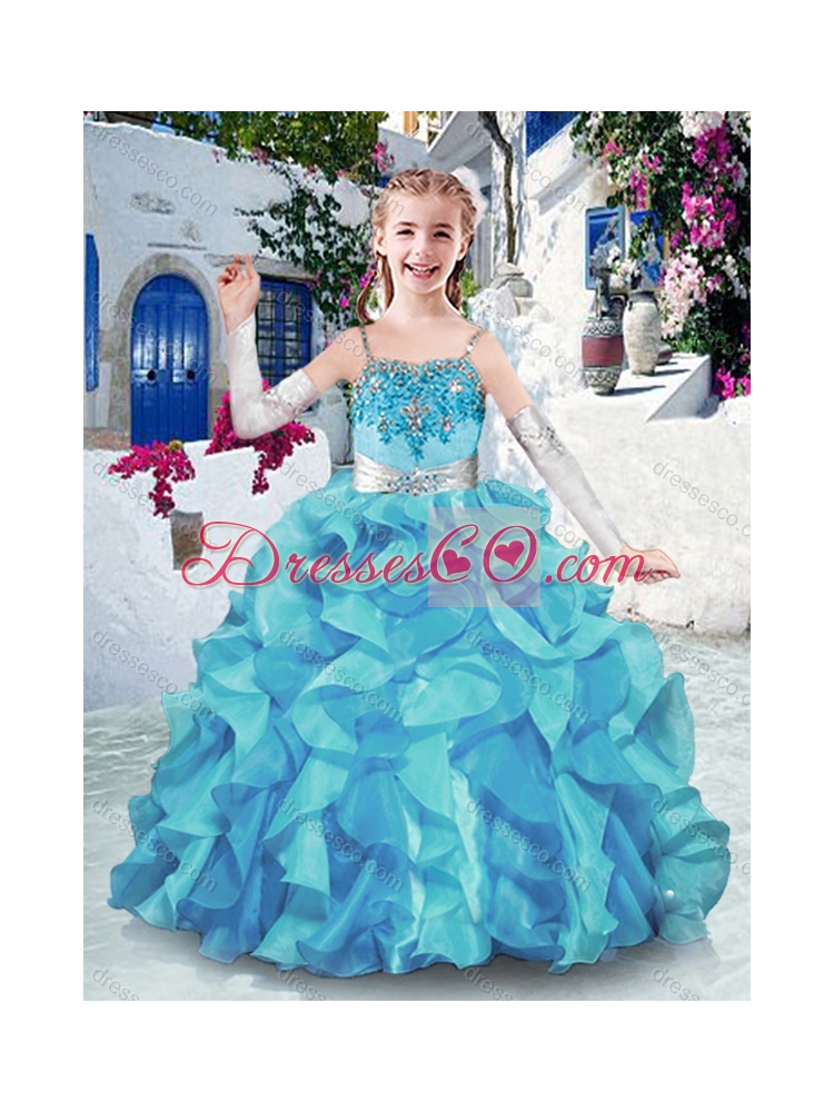 Spaghetti Straps Girls Party Dress with Appliques and Ruffles