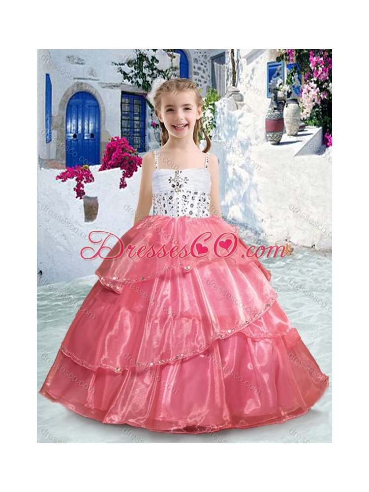 Pretty Spaghetti Straps Girls Party Dress with Ruffles and Beading