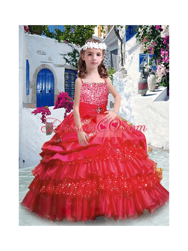 Classical Ball Gown Girls Party Dress with Ruffled Layers and Beading
