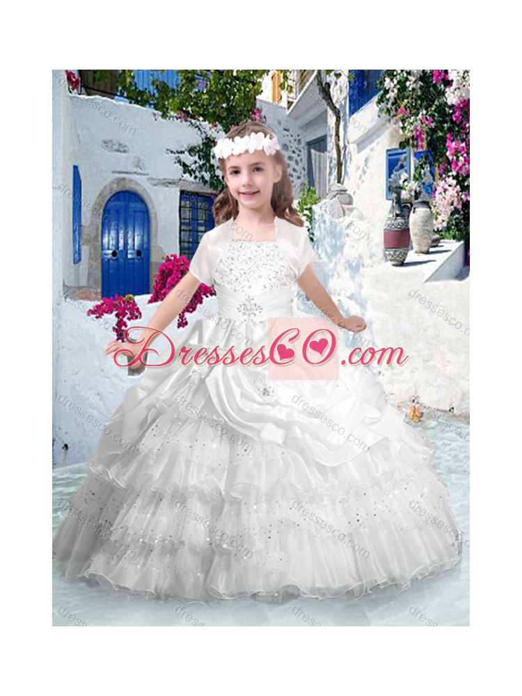 Classical Ball Gown Girls Party Dress with Ruffled Layers and Beading