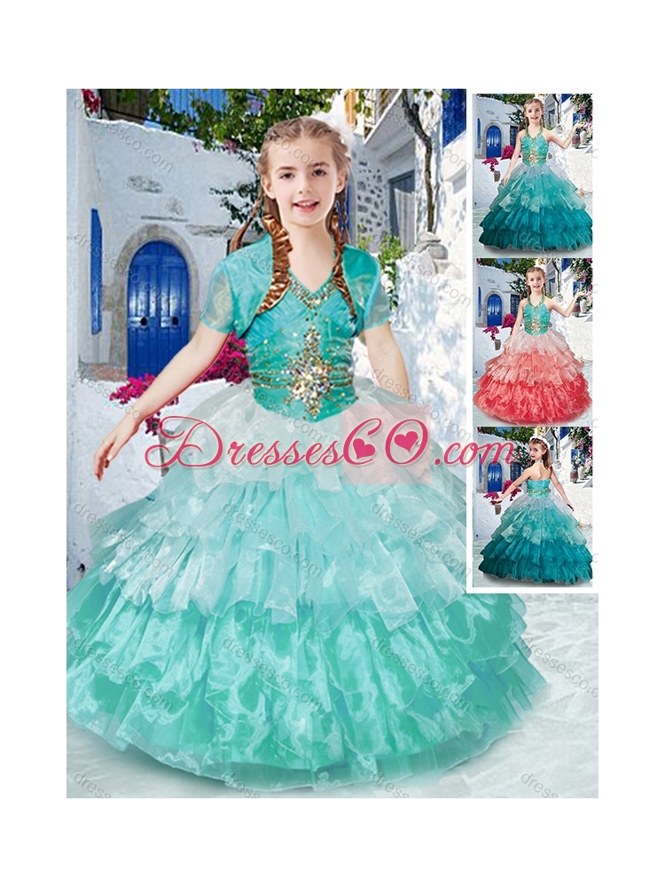 Classical Halter Top Girls Party Dress with Ruffled Layers and Beading
