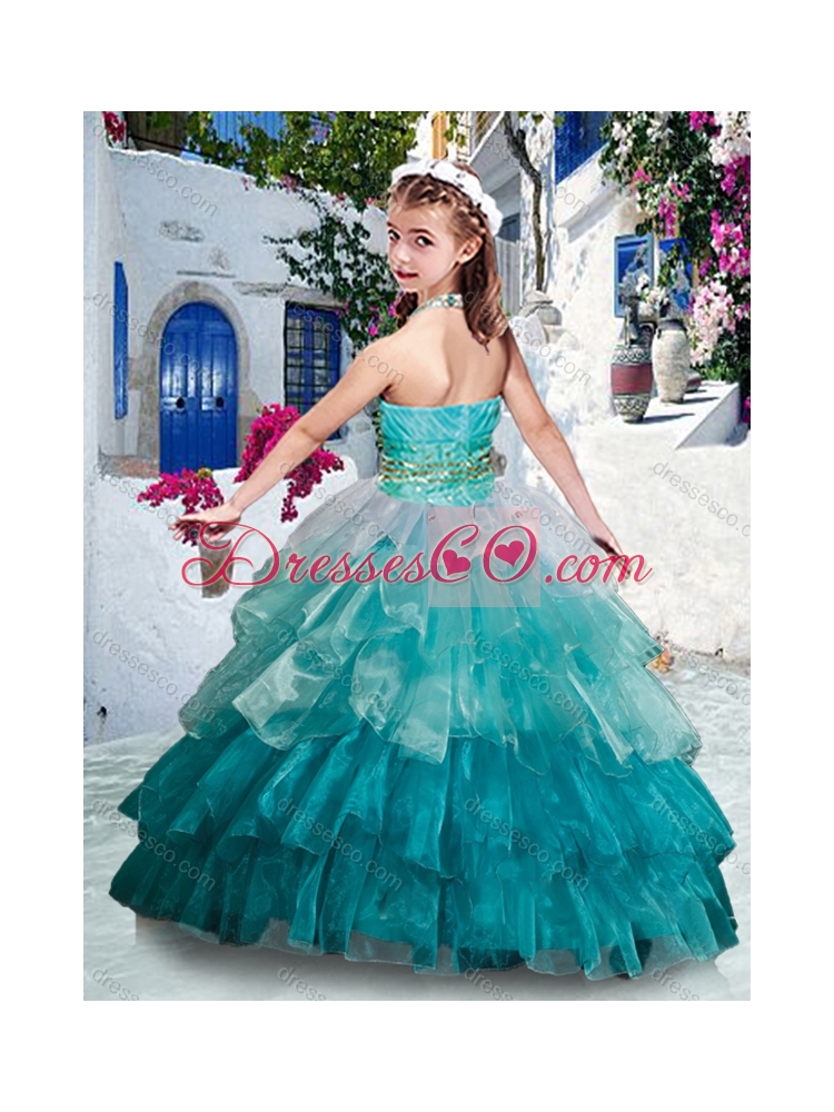 Classical Halter Top Girls Party Dress with Ruffled Layers and Beading