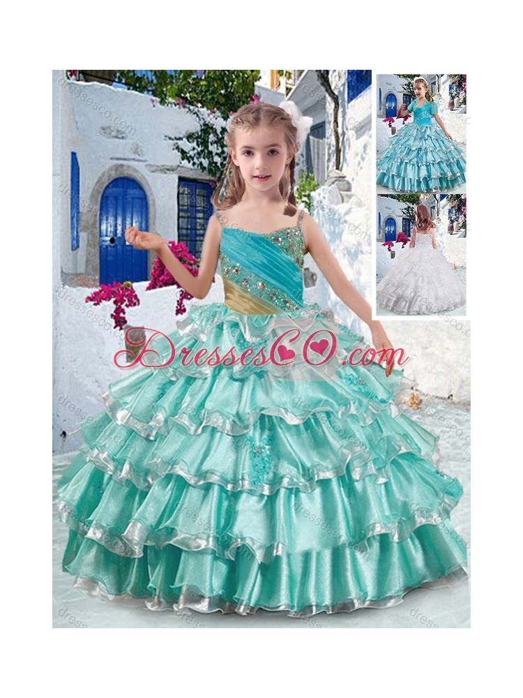 Elegant Spaghetti Straps Girls Party Dress with Ruffled Layers and Beading