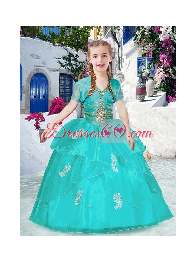 Fashionable Halter Top Turquoise Girls Party Dress with Appliques