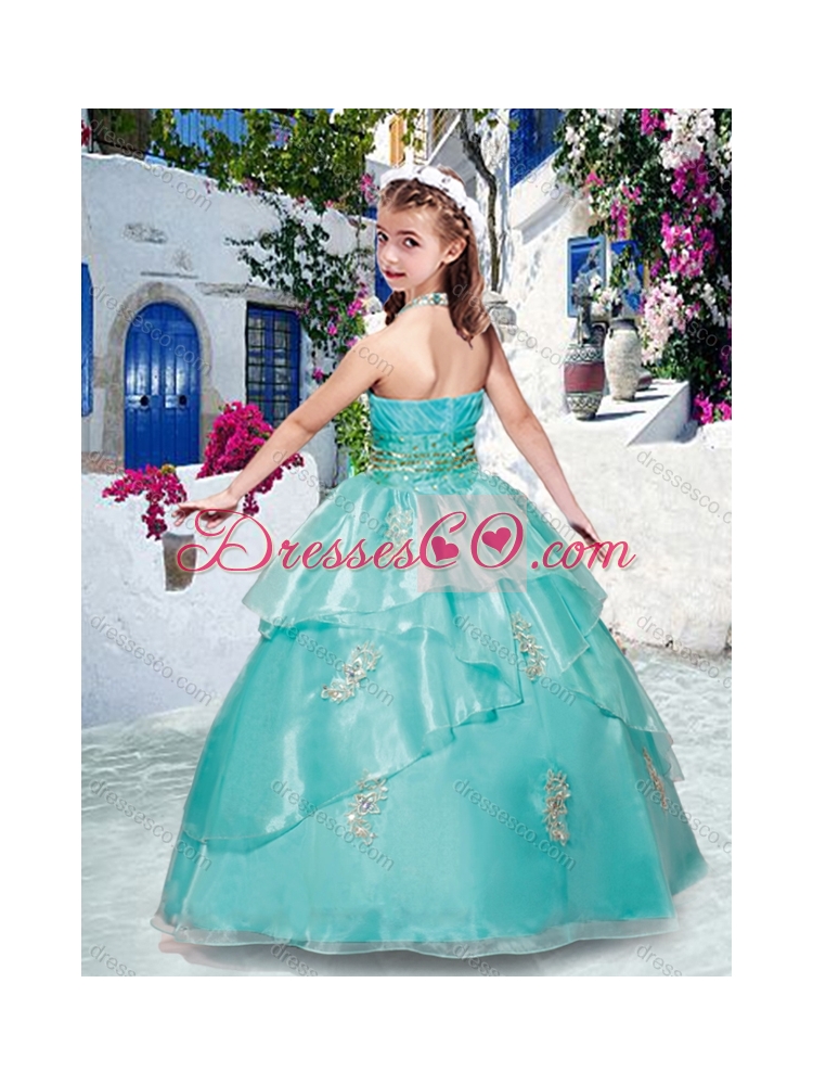 Fashionable Halter Top Turquoise Girls Party Dress with Appliques