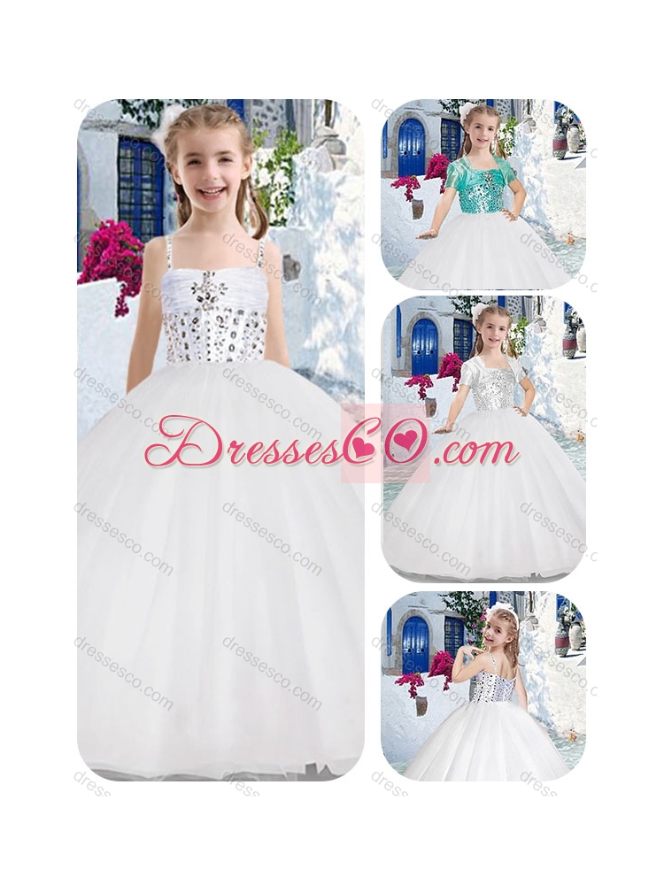 Latest Spaghetti Straps Ball Gown Flower Girl Dress with Beading